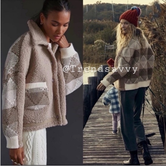 ANTHROPOLOGIE Sherpa Patchwork Jacket Beige Taupe Oversized Cozy Coat L NWT